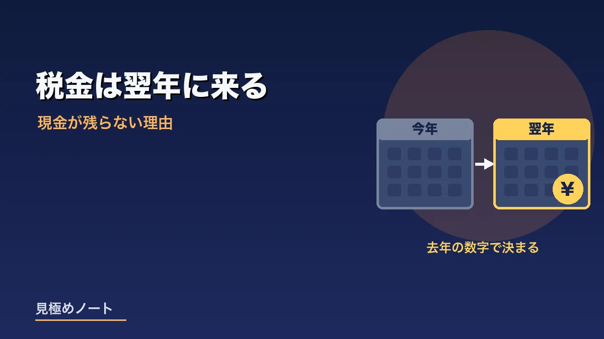 売上が上がった翌年に税金の支払いが来ることをあらわすイメージ画像