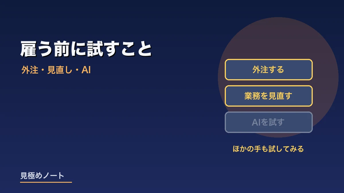 人を雇う前に外注や業務の見直しやAIの活用を試すことをあらわすイメージ画像